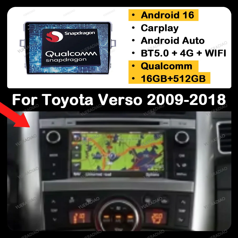 Radio para Auto Android 16 para Toyota Corolla Verso R20 2009-2018, Unidad Principal Qualcomm con GPS NAVI, Reproductor Multimedia de Video, 4G WIFI, QLED