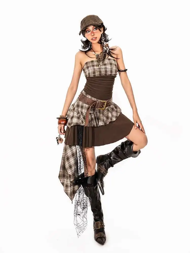 

Arielink Plaid Strapless Dress For Women Summer Design Irregular Patchwork Y2K Hot Girl Short Dress