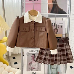 Jackets Girls Short Leather Jacket New Korean Baby Fashionable Versatile Coat Childrens Clothing Turn Down Collar