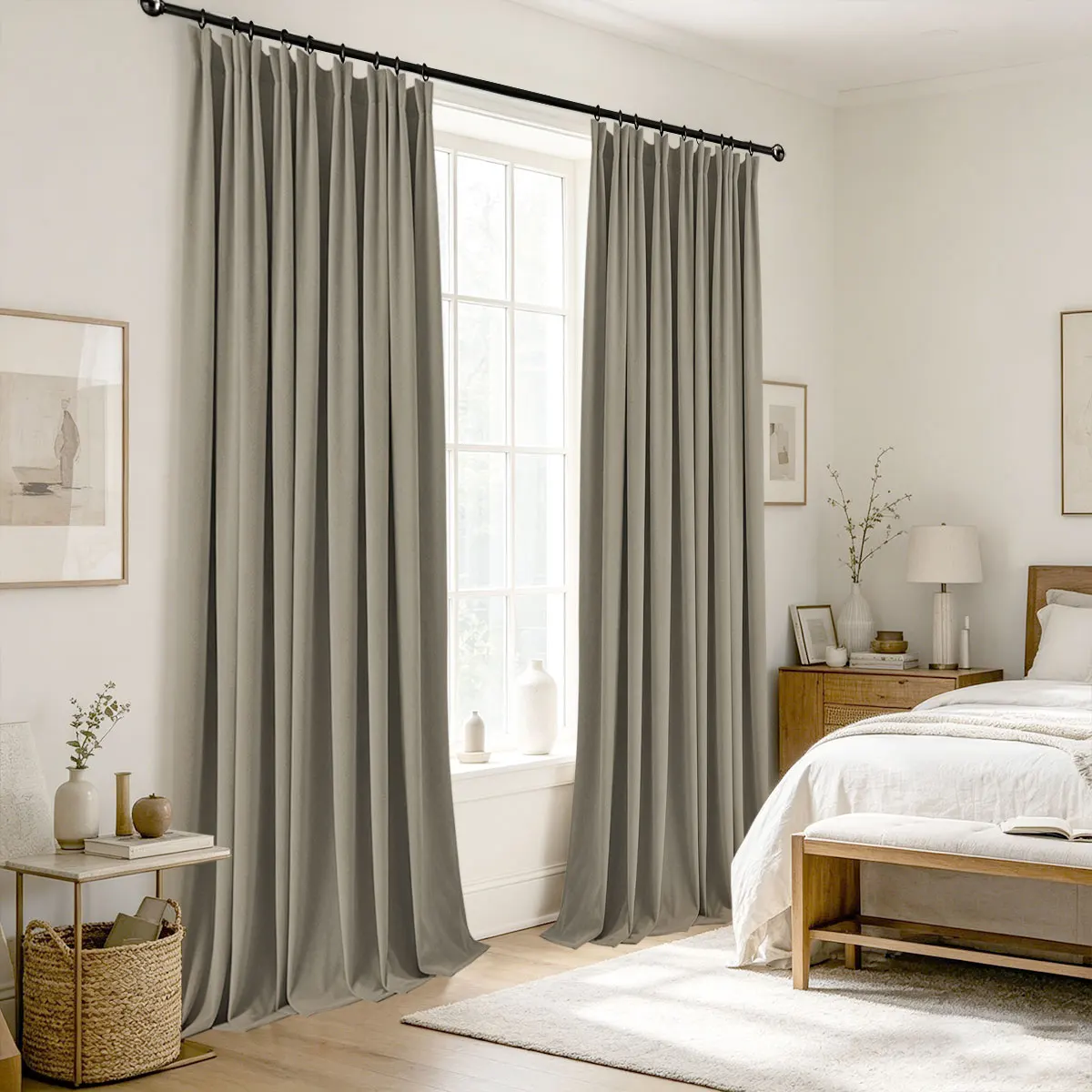 Linen Grey Velvet Blackout Curtains 2‑Pack, Pinch Pleat Hook Top Drapes for Bedroom Living Room Home Decor