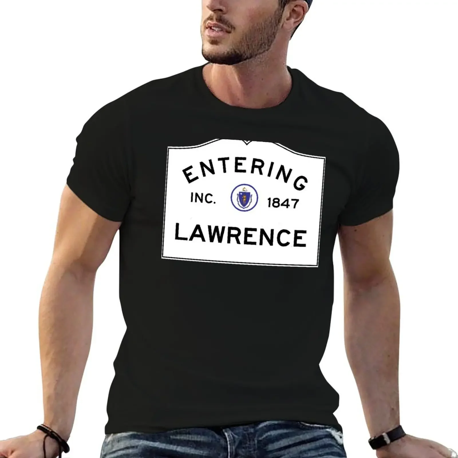 

Entering Lawrence Massachusetts - Commonwealth of Massachusetts Road Sign T-Shirt oversizeds Short sleeve tee men workout shirt