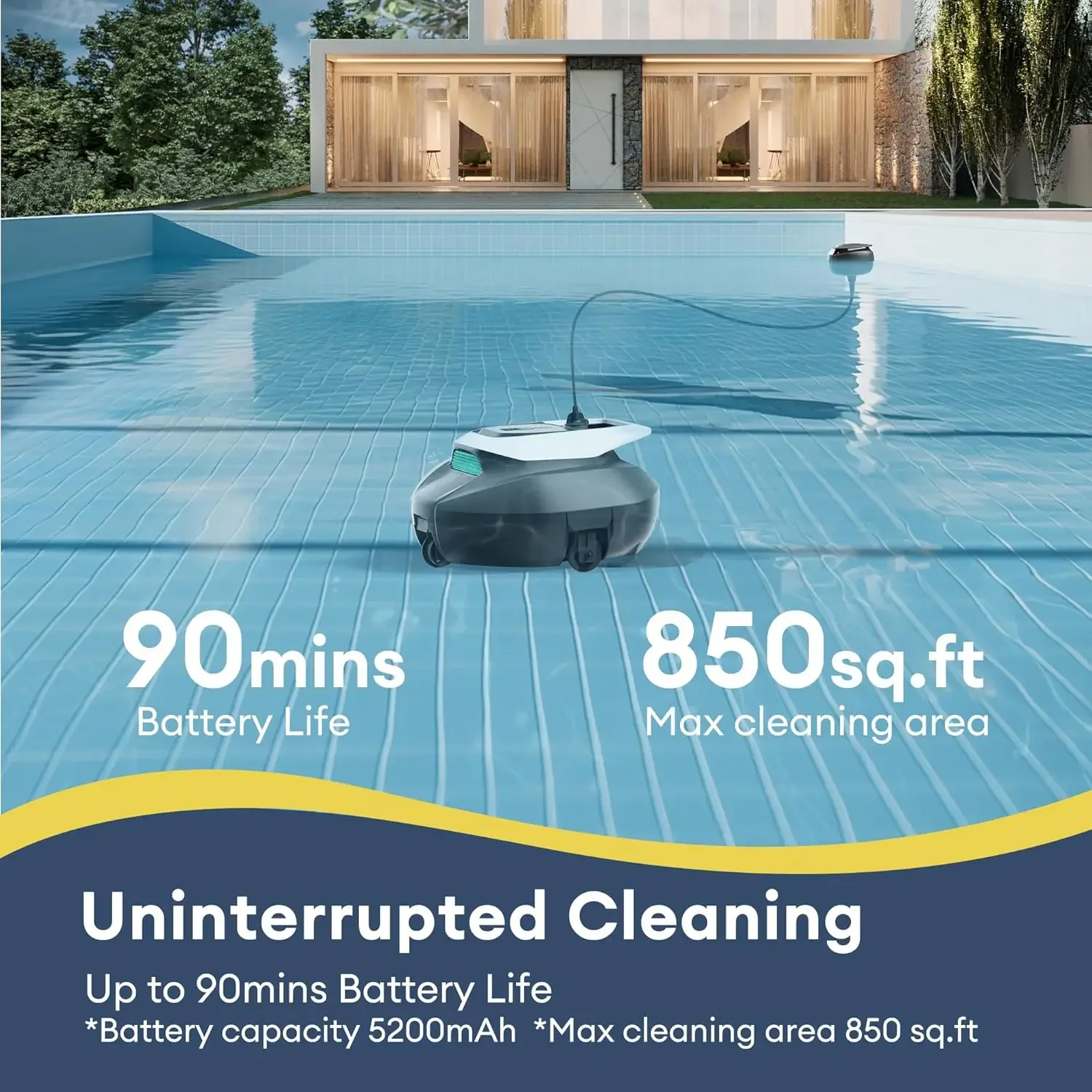 Cordless Robotic Pool Cleaner with Remote Control 3-Motor Suction 90Mins Runtime Auto Self-Parking 2.5h Fast Charging