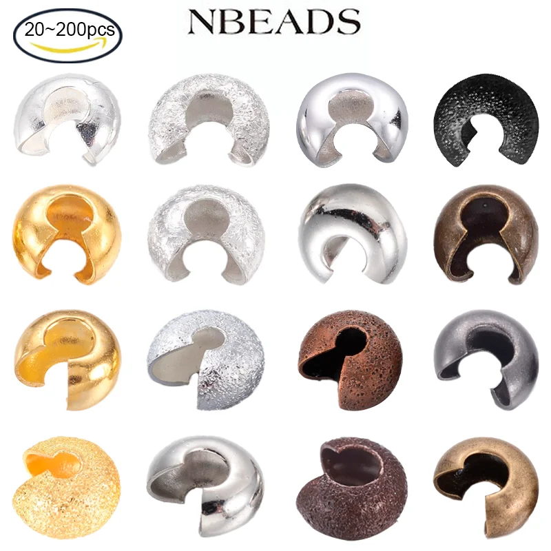 NBEADS 20-200PCS Silver Color Plated Round Brass Crimp Beads Covers Jewelry Making 3-7mm In Diameter 2-4.5mm Thick Hole: 1.5-3mm