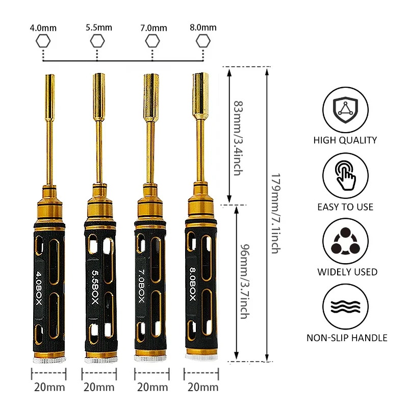 

4-piece set / titanium alloy plating 4.0/5.5/7.0/8.0mm hex nut wrench socket tool kit for RC model car aircraft