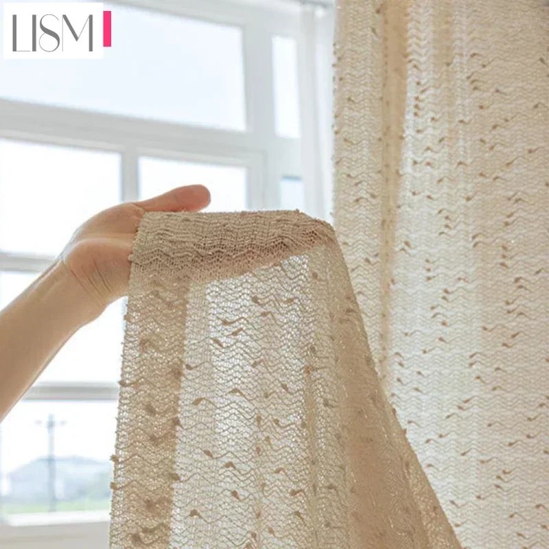 

Fashion Modern Beige Tulle French Retro Texture Sheer Voile Curtains for Living Room Bedroom Dining Luxury Window Drapes Custom
