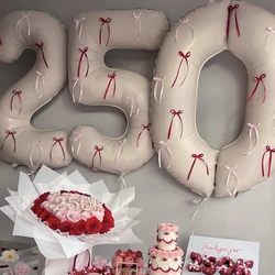 32inch 0-9 Years Old Milky Number Balloons, Aluminum Foil, Bow, new year Decorations, Birthday Party Pink red thin ribbon bow