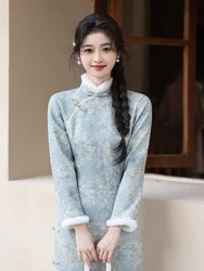 New Chinese Style Improved Daily Cheongsam, With Added Velvet And Thickened Temperament Dress, Women's Winter Long Sleeved