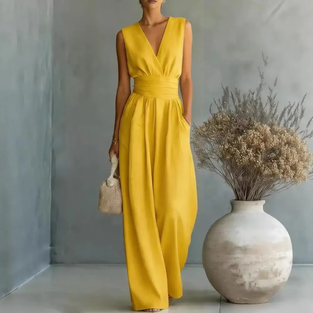 Women's Sleeveless Jumpsuits V Neck Straight Long Pants Rompers with Pockets Summer One Piece Overalls Casual Women Jumpsuit image 4