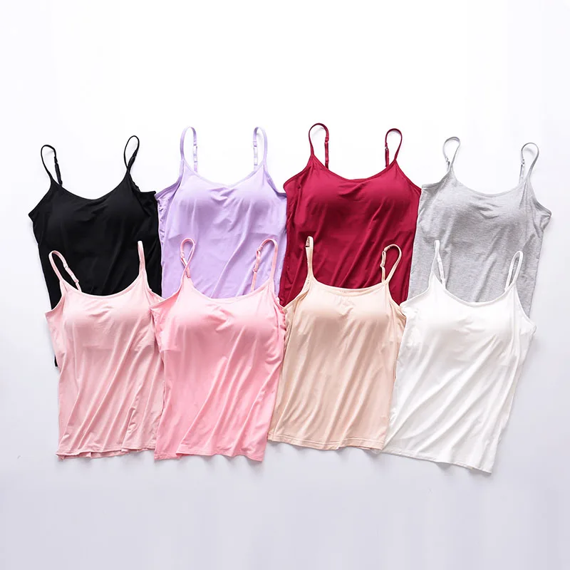 Women Summer Padded Tank Top Soft Casual Bra Ladies Spaghetti Cami Top Vest Female Camisole With Built In Bra Adjustable Strap