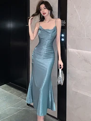 Women Blue Bright Silk Satin Luxury Sling Long Dress Summer Elegant Bodycon Ruffled Mermaid Dress 2024 Korean Chic Evening Dress