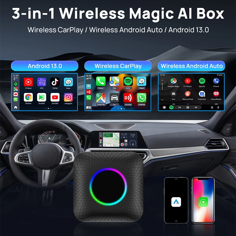 Wireless Carplay LED TV Box Wireless Android Auto QCM 8-Core SDM660 4GB+64GB  8GB+128G Ai Box Android 13 Smart Video Adapter