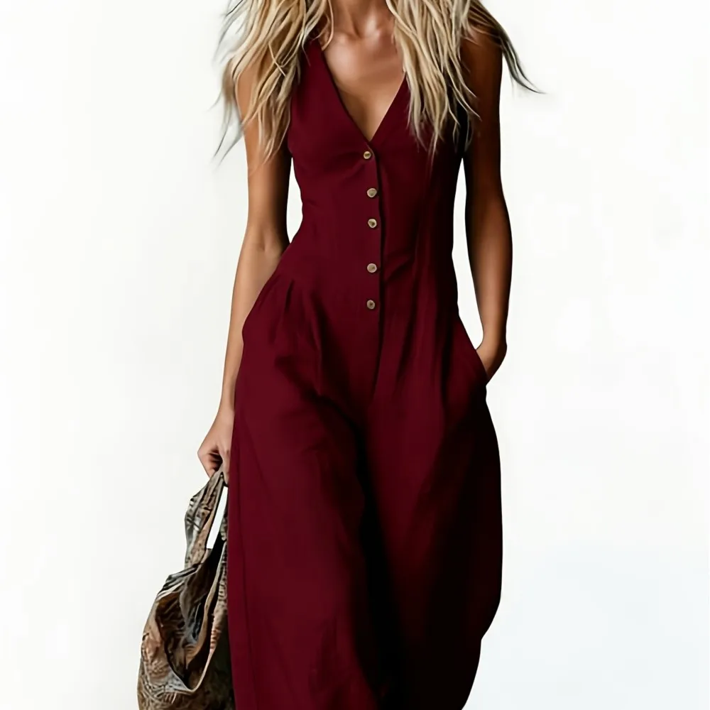 Fashionable Casual Spring Summer Jumpsuit Retro Solid Color Simple Commuter Style V-neck Sleeveless Imitation Linen Jumpsuit