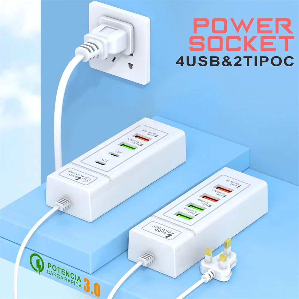 USB C Charger Power Strip Multi Ports Fast Charging EU/US/UK Plug Power Adapter Quick Charge 3.0 PD Type C Wall Charger Socket