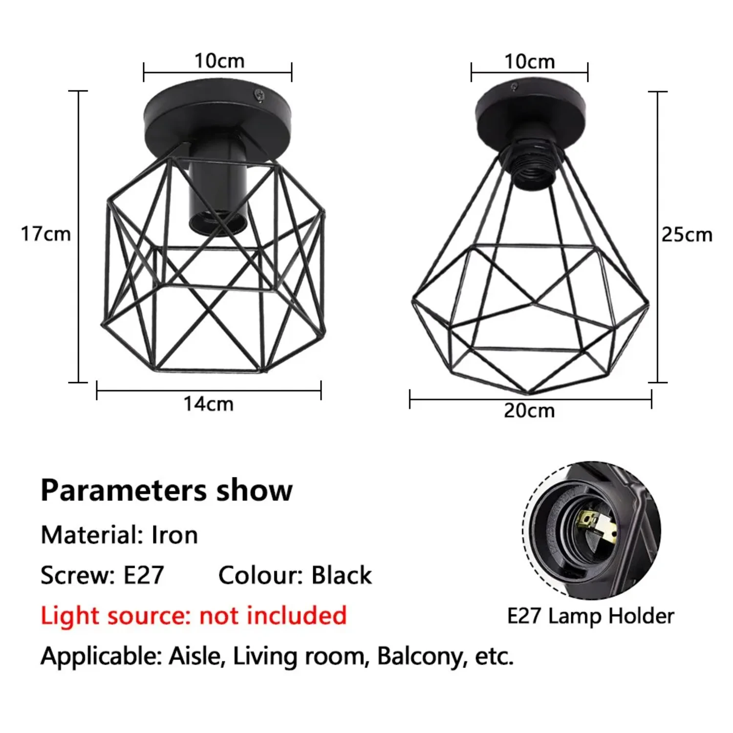 Lámpara de techo industrial simple con accesorio de metal E27 - Lámpara de montaje empotrado con pantalla negra para decoración de porche y dormitorio