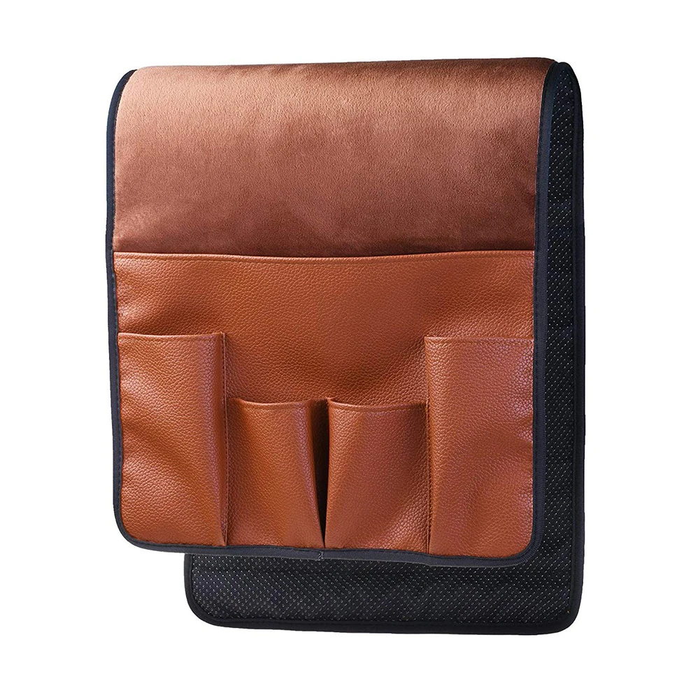 5 Pocket PU Leather Sofa Hanging Bag Organizer Couch Storage Pouch Sofa Side Chair Armrest Hanging Storage Bag for Book Magazine