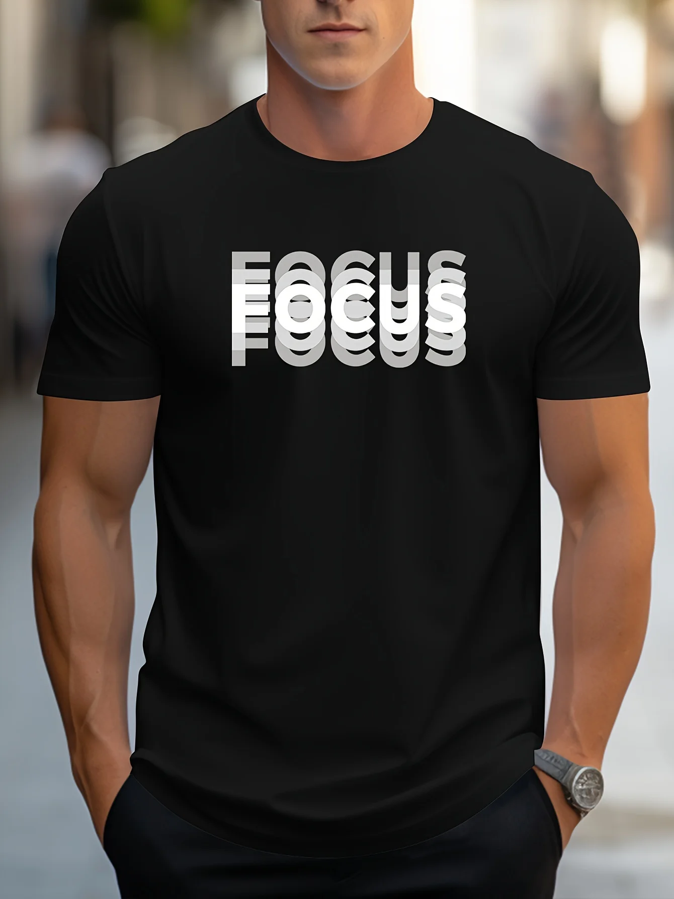 Unisex Trendy Letter Print Crew Neck T-Shirt, A Must-Have for Style Enthusiasts! Gradient FOCUS Design, Ultra Stylish & Streetwear-Inspired! Minimalist yet Versatile!