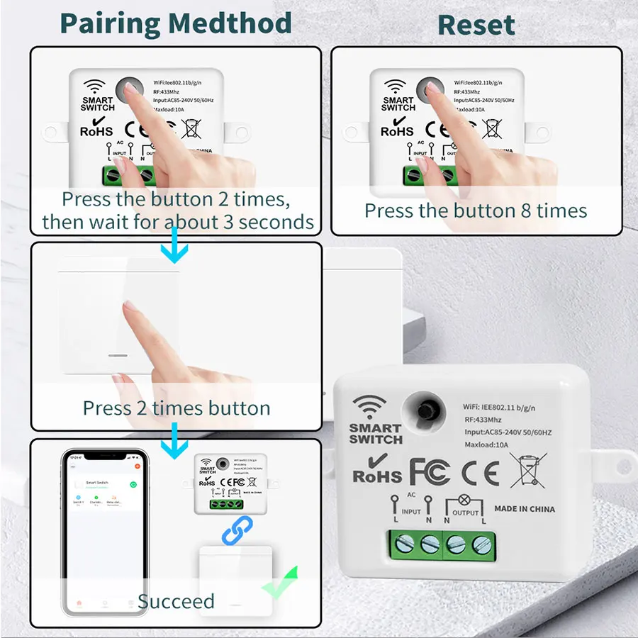 Tuya WiFi Smart Switch Relay Module RF 433Mhz Wireless Mini Round Button Controller Timer Voice Control with Google Home Alexa