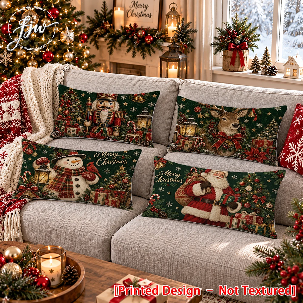 4pc Vintage Christmas Throw Pillow Covers, Santa Snowman Nutcracker Reindeer Xmas Lumbar Pillow Cases for Sofa Couch