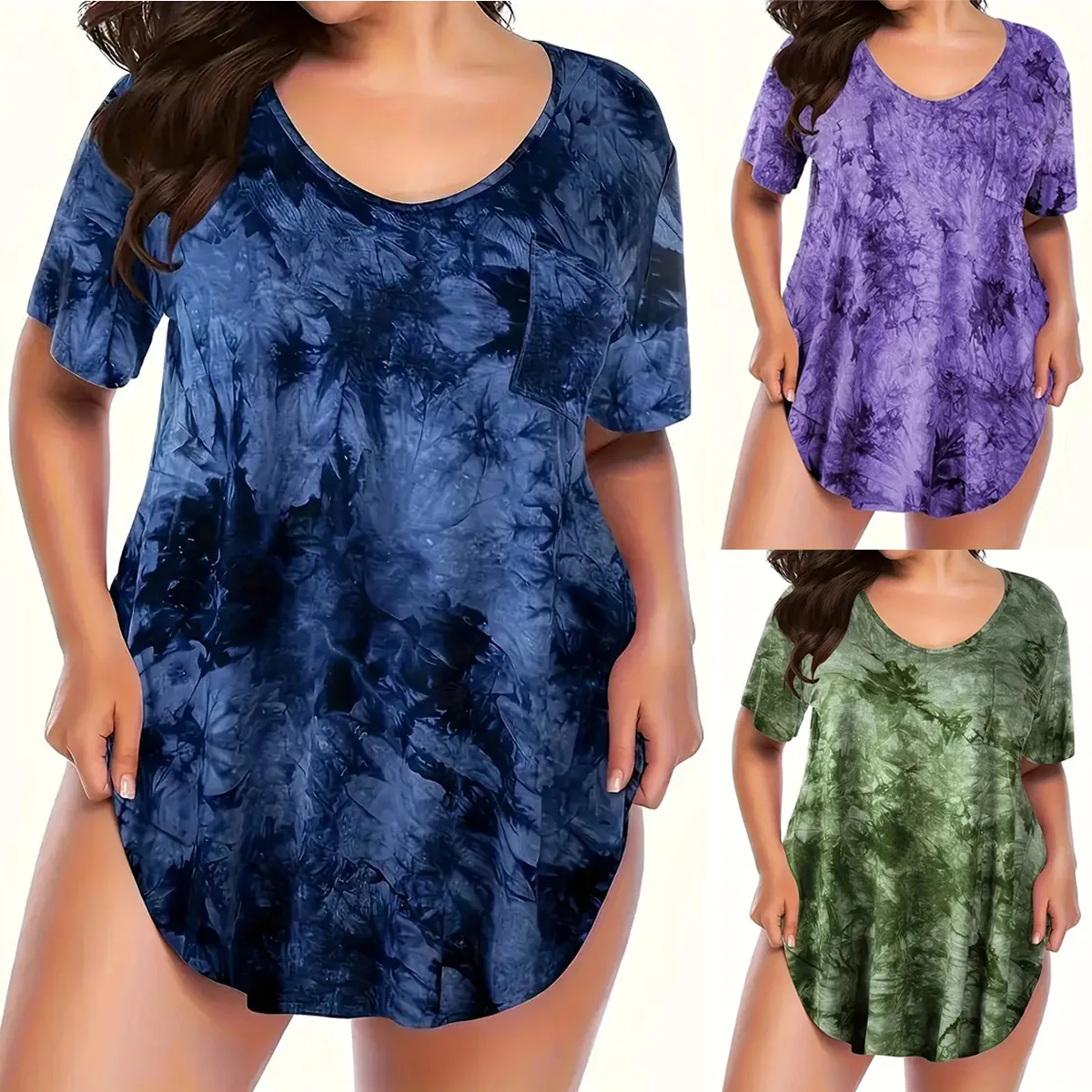 

Women's Short Sleeved Top Tshirt Summer Fashion Pocket Tie Dye Oversized Women T-shirt XL-XXXL Bluzki Damskie T Shirts Damen