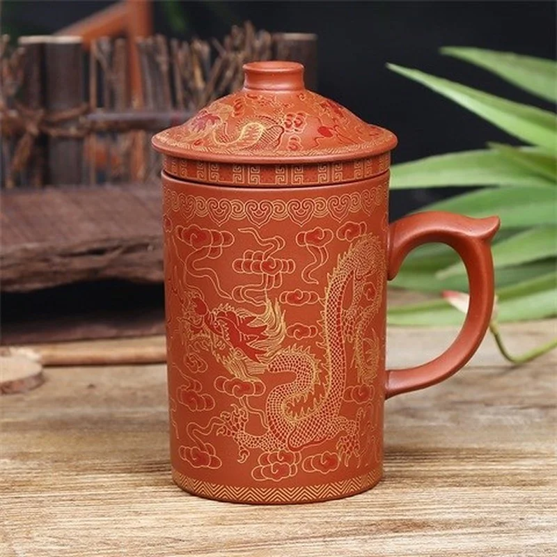 Traditional Chinese Dragon Purple Clay Tea Mug with Lid Strainer Retro Handmade Yixing Tea Cup Zisha Teacup Gift Mug Tumbler