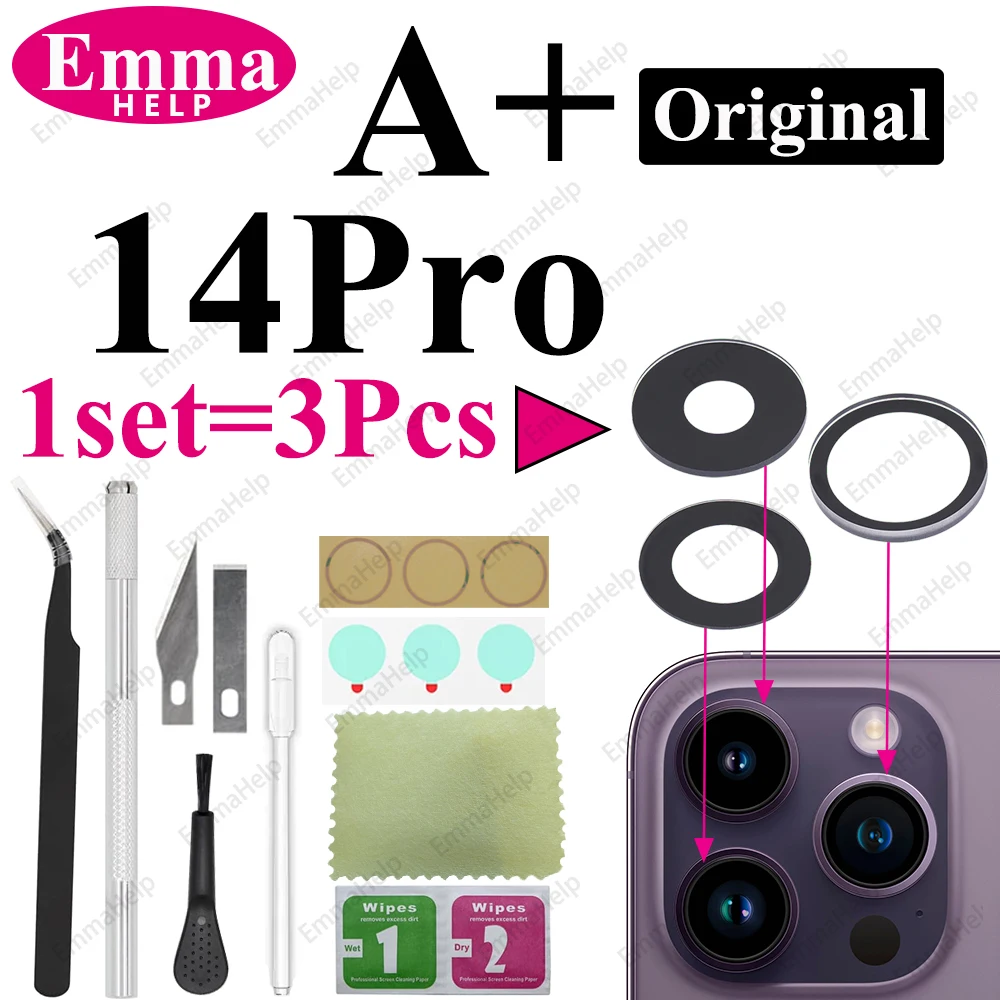 EmmaHelp 1 Set Original Saphir Rückkamera-Objektivglas für iPhone 15 14 13 12 11 Pro Max Plus Mini mit Klebstoff-Reparatur-Werkzeugset 8