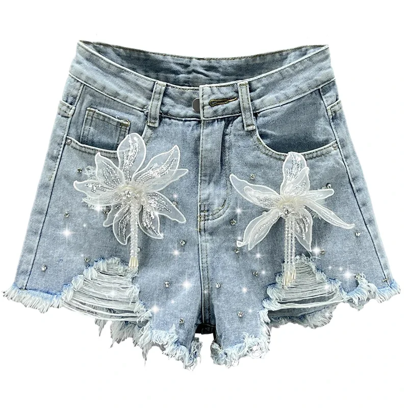 Women's Diamond Denim Shorts 2023 Summer New High Waist Slim Fit Slimming European Goods Embroidered Ripped A- line Hot Pants