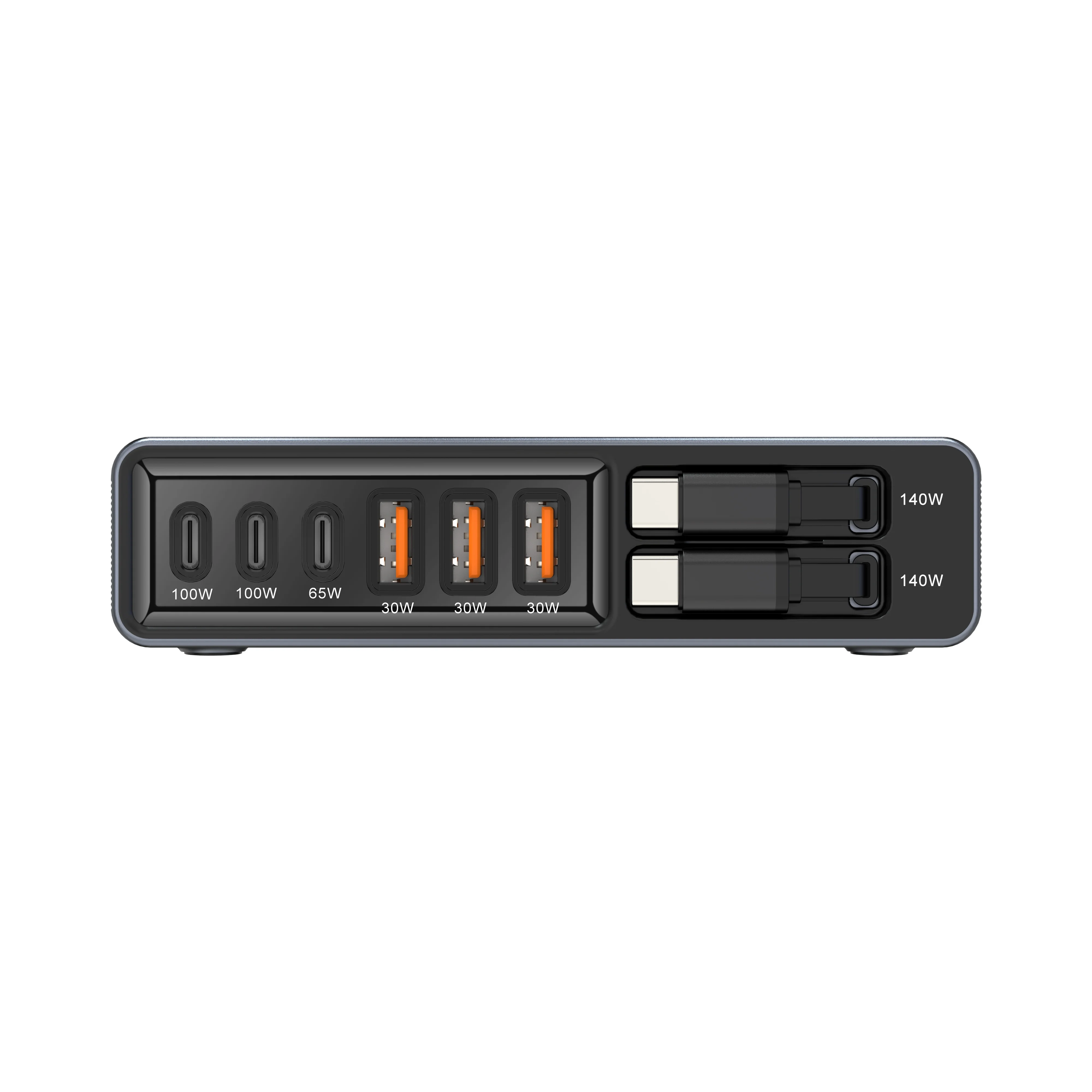 Neue 635W GaN4 Multi-Port-Ladestation Hochleistungs-USB-C-Desktop-Ladegerät mit integrierten Kabeln für Telefone und Gaming-Geräte – Detail 3