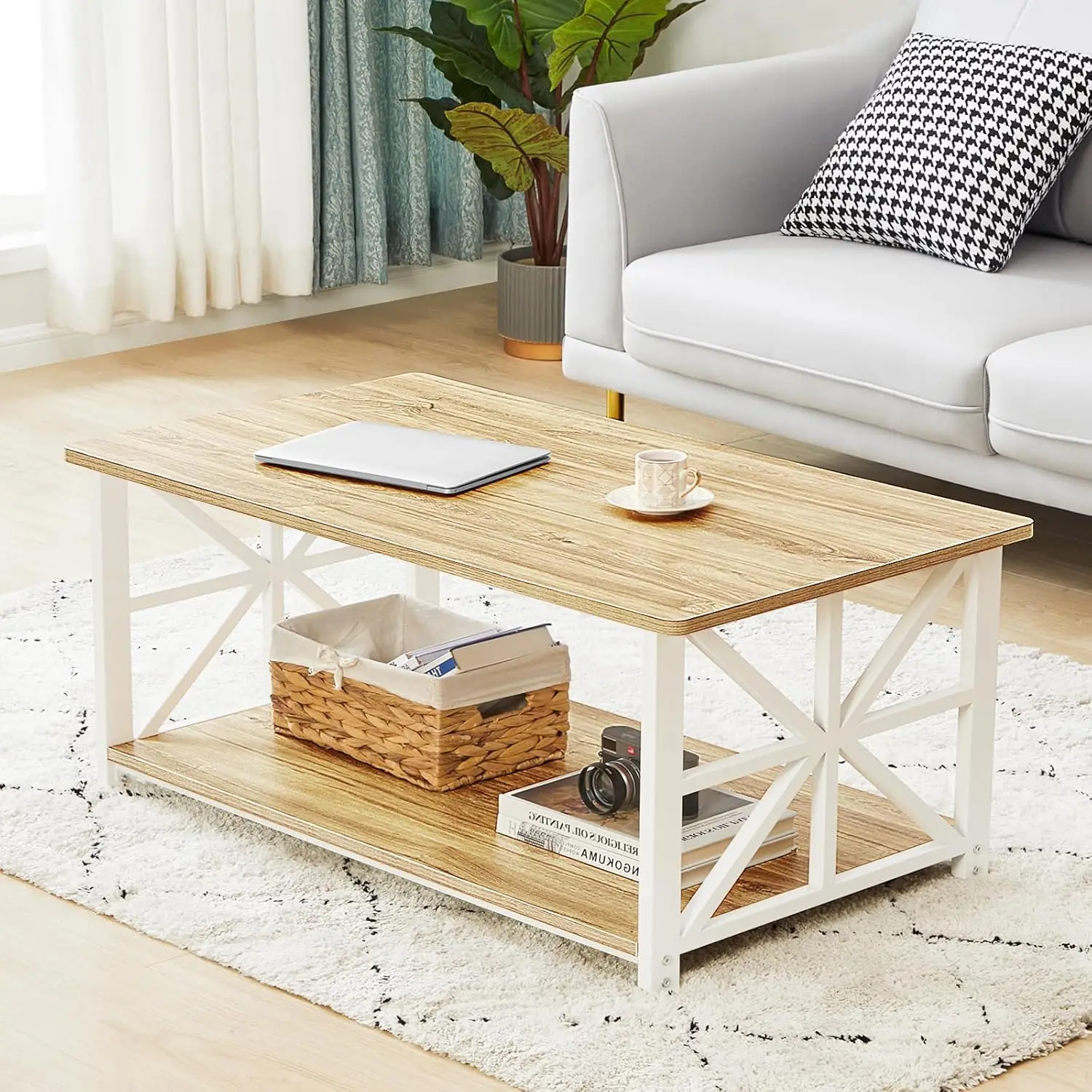 Tavolino da caffè, rettangolare, con ripiano inferiore, tavolino da soggiorno, stile moderno, 100X52x47 cm