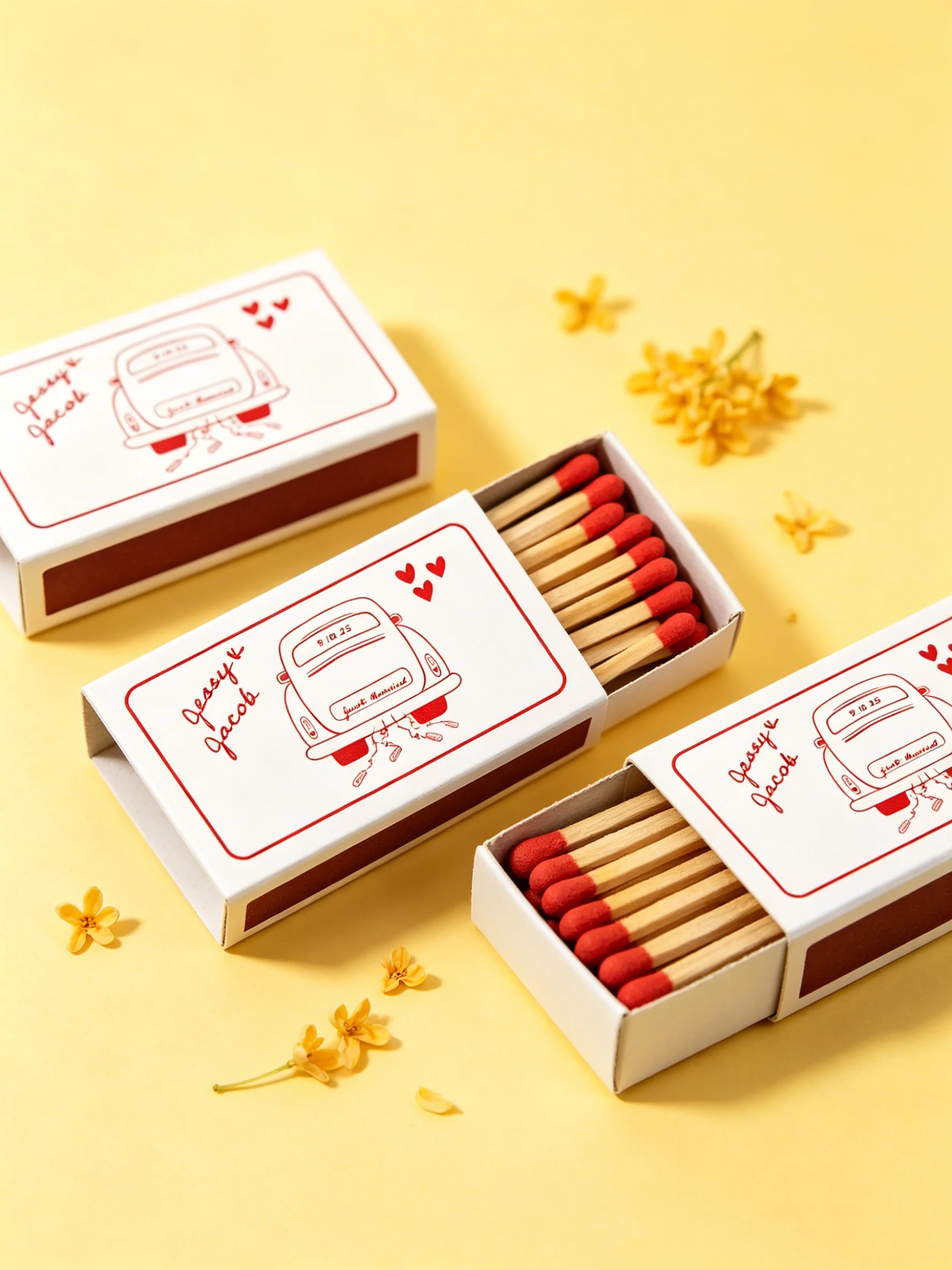 

Custom Just Married Car Matchboxes, Personalized Names Date Wedding Favors, Cans Design Match Boxes