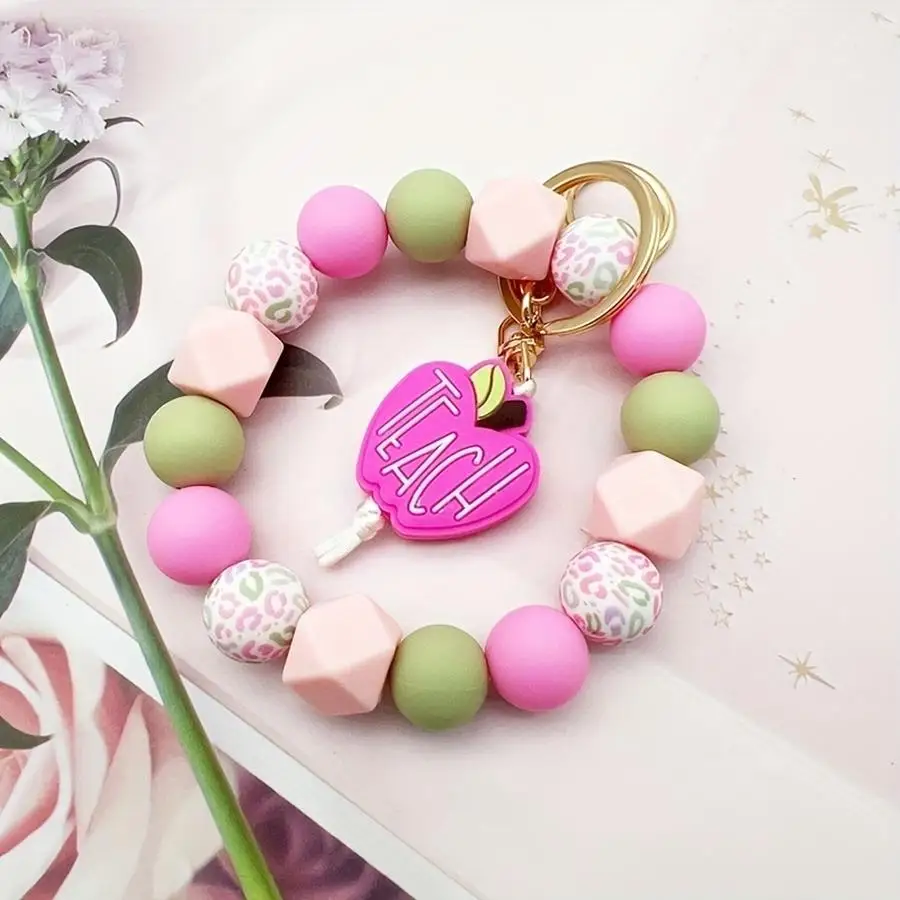 1/5/10/20/50/100pcs A Fresh and Colorful Pink Leopard Print Apple TEACH Beaded Keychain, a Bag and Car Key Anti-loss Accessory,