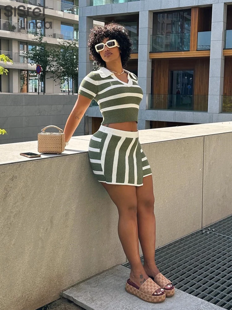 klalien Knit Striped Tracksuit Women Two Piece Set Contrasting Softy Elegant Stretch Crop Tops+Hip Skirt Matching Streetwear