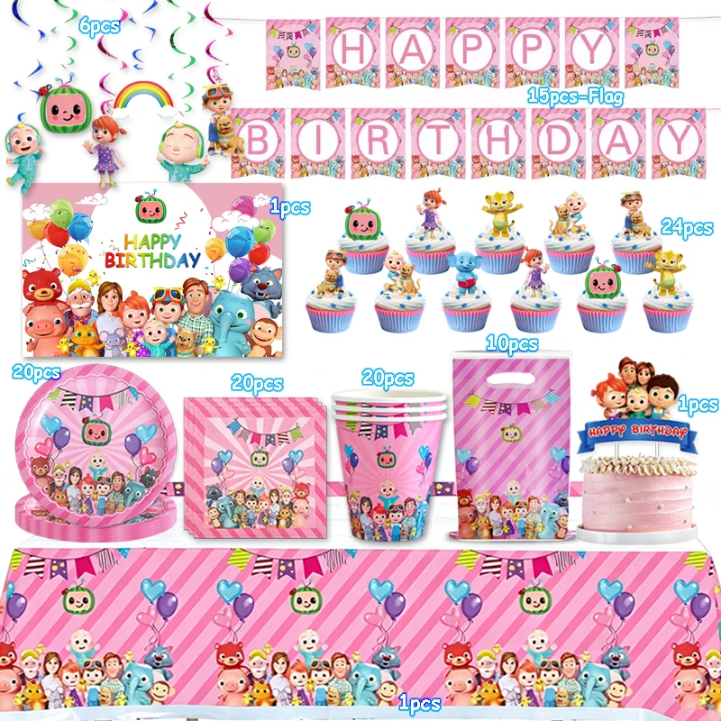 Cartoon JJ Melon Geburtstagsparty-Dekoration Cocomelon Tassen- und Teller-Set Familien-Party-Zubehör Baby-Shower-Geschenktüte Kinder-Mädchen-Geschenk