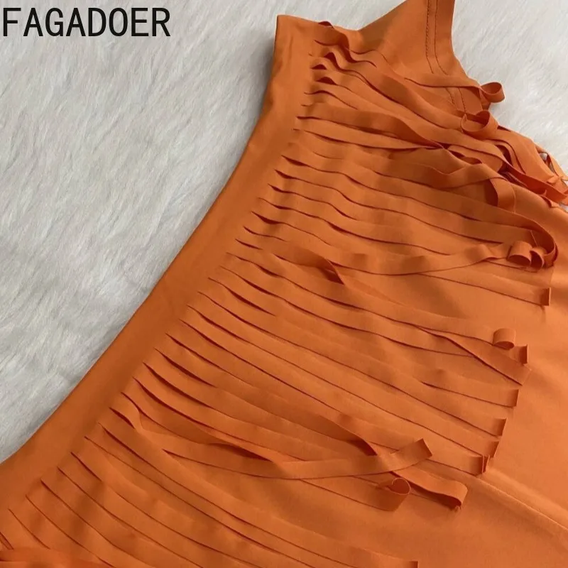 FAGADOER موضة شرابة المرقعة حللا امرأة برتقالية قصيرة الأكمام قبالة الكتف بسط السروال القصير الإناث كلوبوير وزرة جديد
