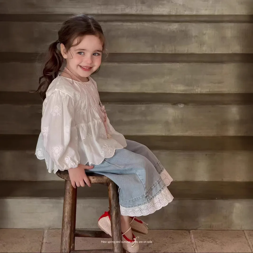 Jean coréen d'automne pour filles de 1 à 5 ans, ourlet en dentelle, pantalon droit pour bébés filles, ample, épissé, taille élastique, pantalon pour enfants en bas âge