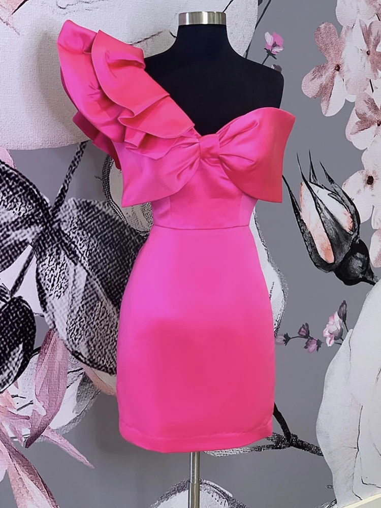 Mini sukienka na imprezę Ruffles jedno ramię szeroka wstążka Patchwork Sexy Bodycon kobiety Vestido świętuj wydarzenie okazja kolacja wyjściowa