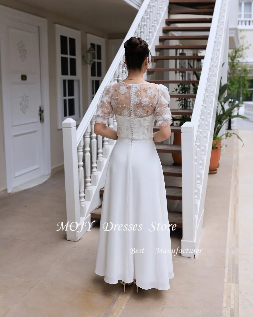 Mojy clássico vestido de casamento noiva mangas curtas colher pescoço miçangas apliques bolso uma linha vestido de noiva robe mariee tornozelo-comprimento