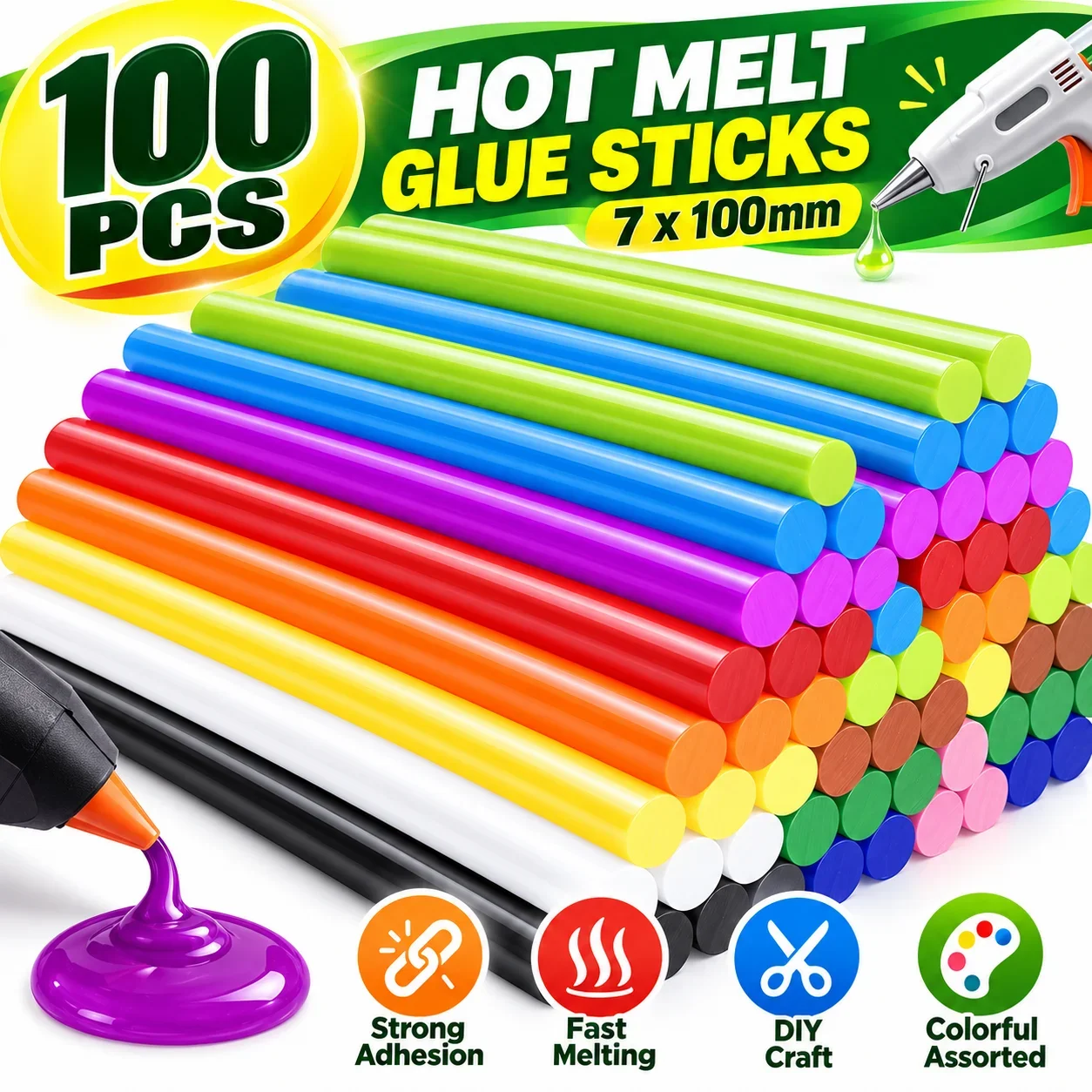 100/10pcs Colorful Hot Melt Glue Sticks Strong Viscosity Adhesive Rod Glue Gun Sticks Repair Strips for Pasting Craft Decoration