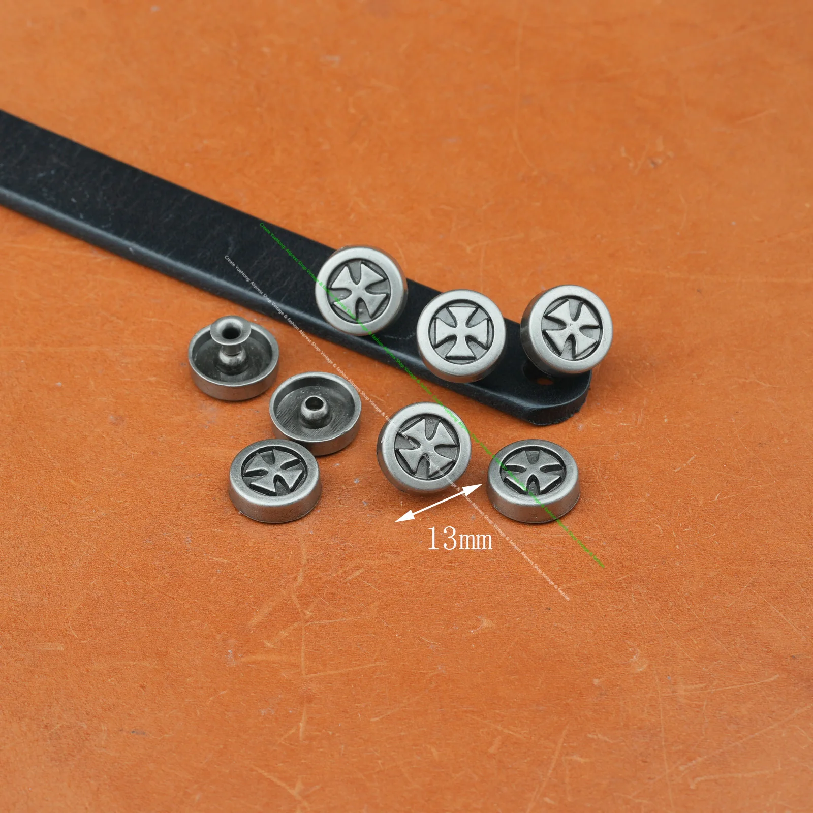 50pc Retro Silver 13mm Cross Carved Rivets Stud Spots for Bag Belt Leathercraft