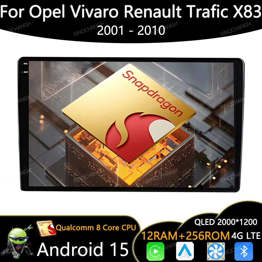 Rádio do carro de android 15 para opel vivaro renault trafic x83 2001 - 2010 gps 4g lte 5g wifi reprodutor de vídeo estéreo multimídia 2din qled