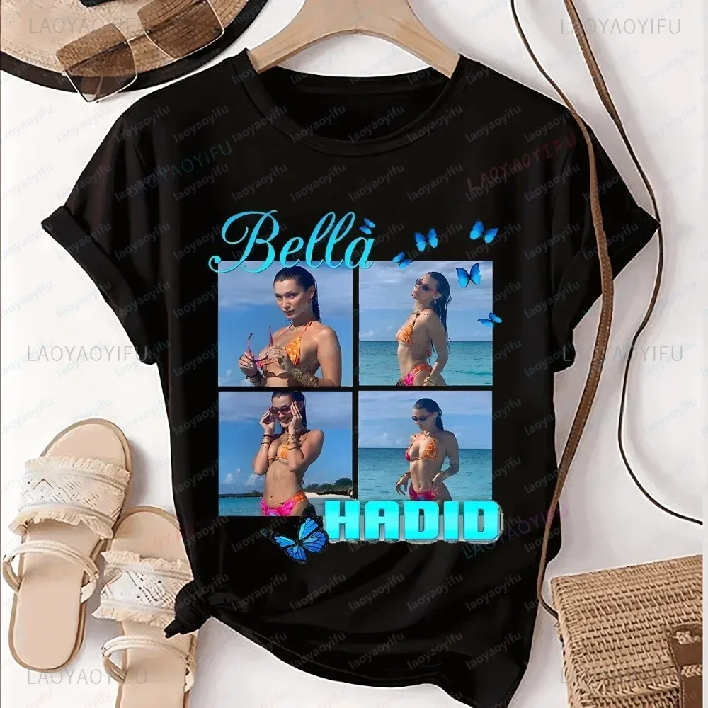 Bella Sexy Beauty Hadid Model Vintage Print T-shirt Top Neutral Trend Harajuku Short Sleeve Unisex Shirt Pattern Large T-shirt