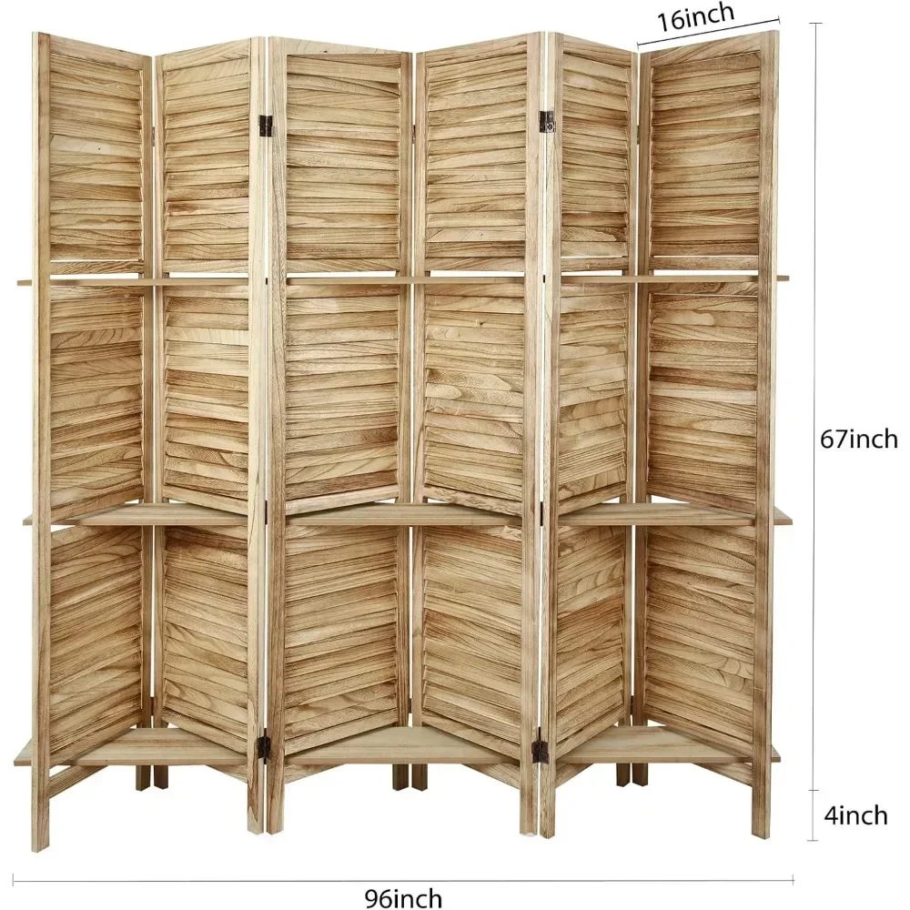 Wood Folding Room Divider Screen, Room Divider with Shelves and Easy Move Partition, Freestanding Room Screen Divider