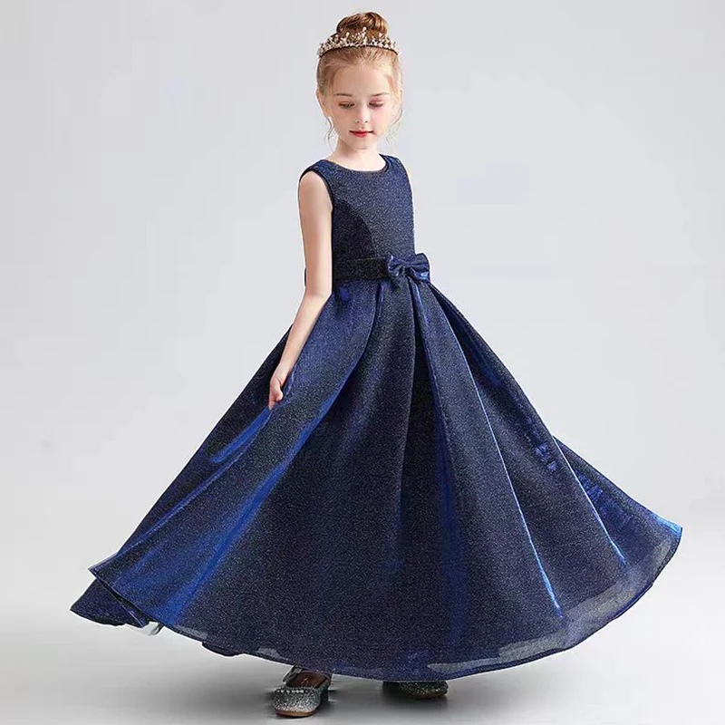 Princess Style Long Silk Evening Dress for Girls Starry Blue Piano Violin Playing Suit Ideal for Host Performance