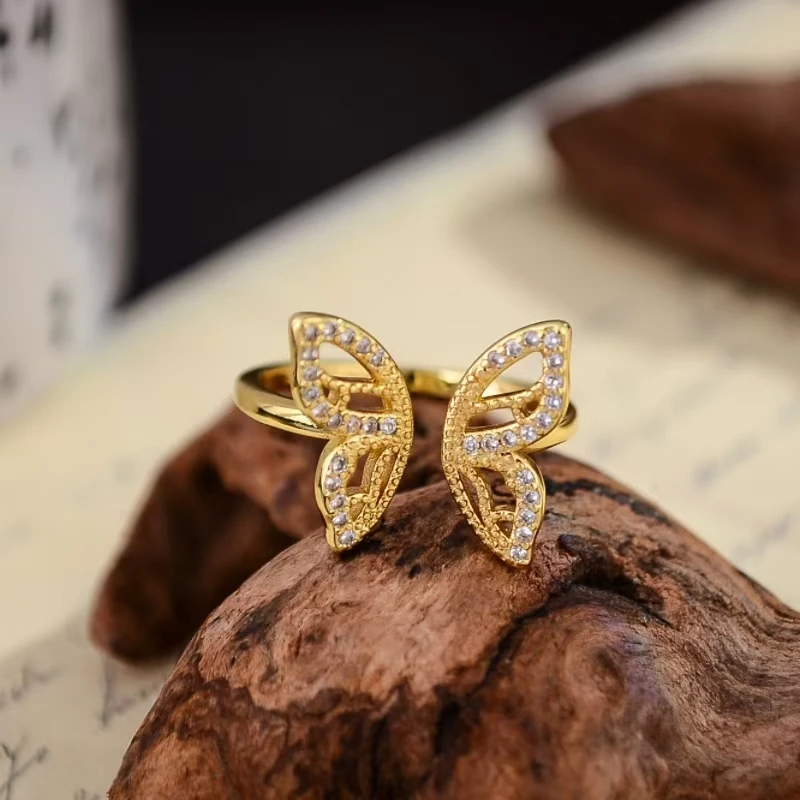 Gold Plated Retro Aesthetic Geometric Luxury Women's Jewelry Luxury Zircon Butterfly Opening Ring