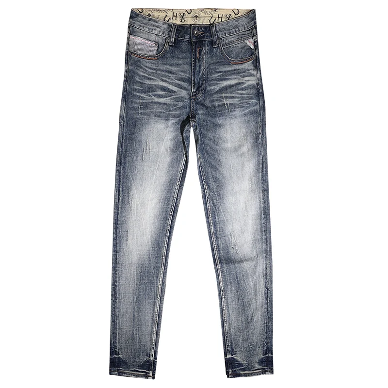 Italian Style Fashion Men Jeans Retro Blue Slim Fit Elastic Trousers Casual Ripped Jeans Men Vintage Designer Denim Pants Hombre