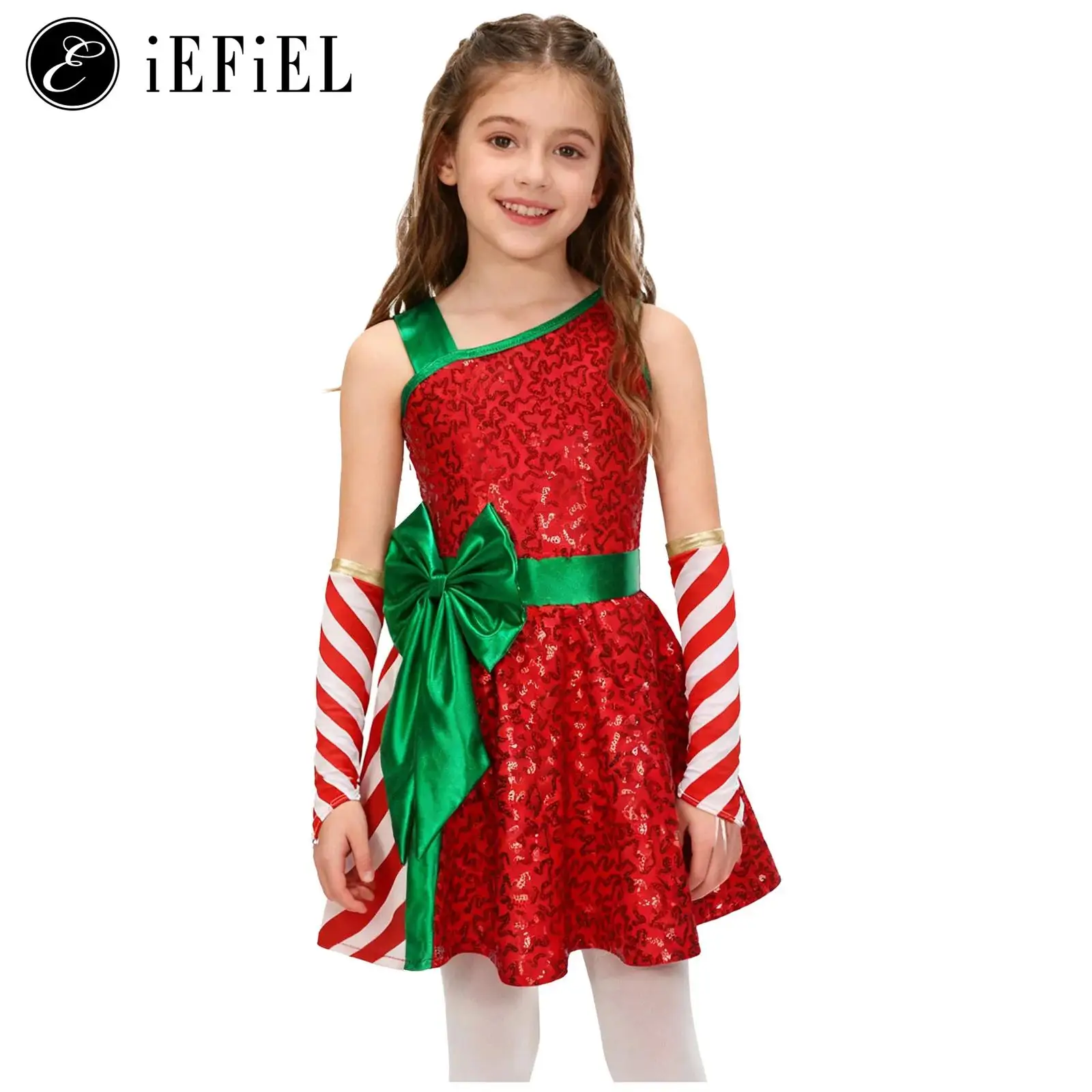 

Girls All-over Shiny Sequin Christmas Dress Up Jumpsuit Asymmetrical Shoulder Bowknot Candy Cane Striped Tutu Dress +Oversleeves
