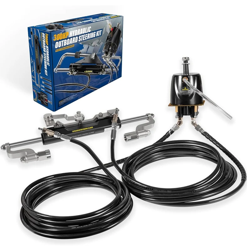 

300HP Marine Hydraulic Steering Kit w/Upgraded Cuttable 26ft Hoses - System with Heavy-Duty Cylinder, Helm Pump & Two-Way Lock