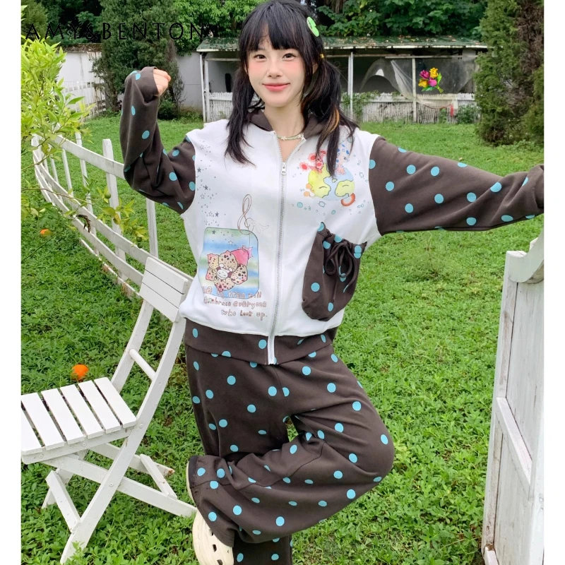 

Оригинальный дизайн, синий, коричневый, в горошек, женский свитшот с капюшоном и животным принтом, осенний новый свободный комплект с длинными брюками, женский комплект