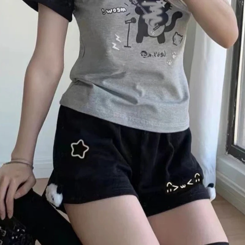 المرأة طباعة لطيف القطن السراويل Pantalones Kawaii فضفاض عادية Cutecore قيعان موضة مرونة الخصر الصيف واسعة الساق سراويل قصيرة