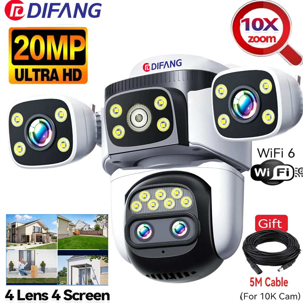 10K Home Security WiFi Camera Four Lens Four Screen 360° 10X Optical Zoom CCTV Auto Tracking 20MP Wireless Surveillance IP Cam