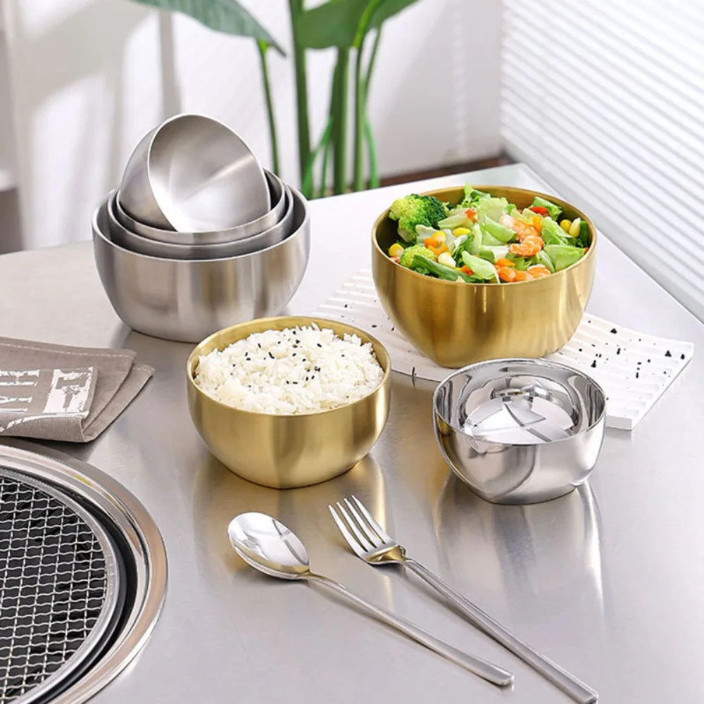 Double Layer Korean Style Stainless Steel Rice Bowl Heat Insulated Anti-scalding Soup Bowl Drop-resistant Square Bottom